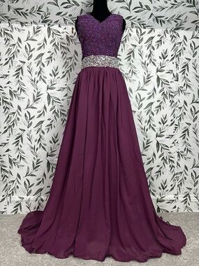 Beaded Rhinestone Chiffon Prom Maxi Purple Sz XS Formal Gown Floor-length NWT #E